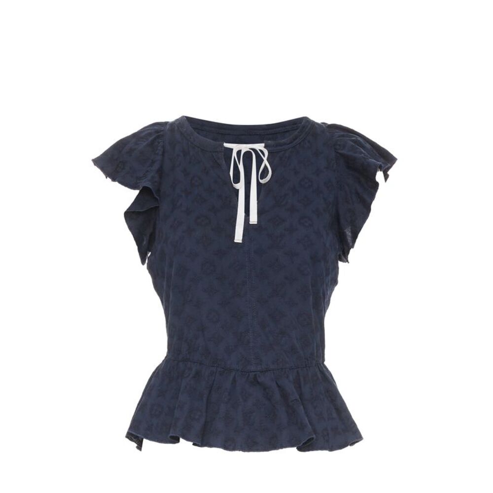 LOUIS VUITTON black monogram denim ruffle keyhole cap sleeve peplum blouse S